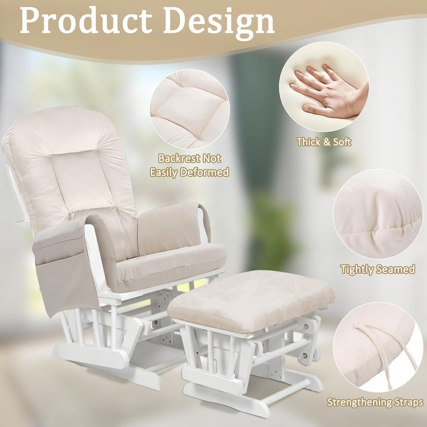 BECHAEO 5PCS Suede Glider Rocker Replacement Cushions with Ottoman Cover Thicken Soft Rocking Chair Cushion Set for Indoor Nursery Glider Rocking Chair, Blue