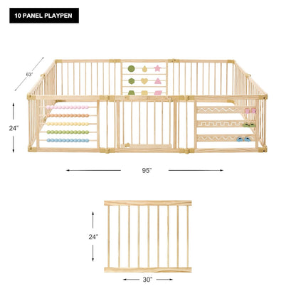 ZETY Natural Wood Baby Playpen – 8 or 10 Panel Foldable Play Yard with Door Panel and Built-in Toys, CPC Certified & SGS Tested