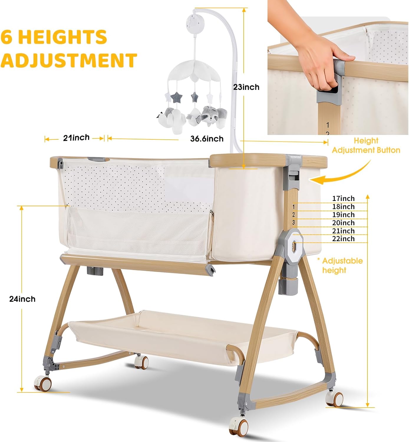 Bassinet Bedside Sleeper,Bedside Bassinet,Rocking Bassinet,3 in 1 Portable Bedside Crib with Mattress,Mobile,Mosquito Net,Storage Basket,6-Height Adjustable Baby Bassinet with Wheels for Newborn,Beige