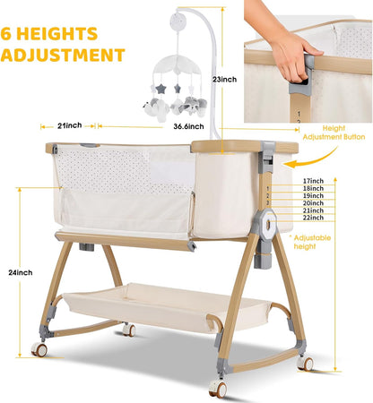Bassinet Bedside Sleeper,Bedside Bassinet,Rocking Bassinet,3 in 1 Portable Bedside Crib with Mattress,Mobile,Mosquito Net,Storage Basket,6-Height Adjustable Baby Bassinet with Wheels for Newborn,Beige