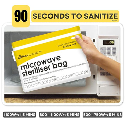 Max Strength Pro Microwave Steam Sterilizer Bags 20pc for Baby Bottles, Soothers, Teethers, Breast Pump Parts, Training Cups, Accessories, Reusable Large Bags, 20 Uses Per Bag, Easy Tracking System