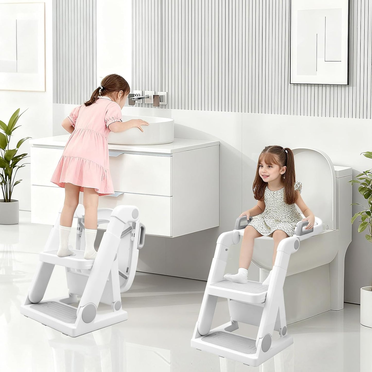 [No Assembly Required] BABY JOYCE Potty Training Seat with Step Stool Ladder, Extra Sturdy Integrated Toddler Toilet Seat for Boys Girls, Anti-Slip Step & Splash Guard, Foldable Potty Ladder (Grey)