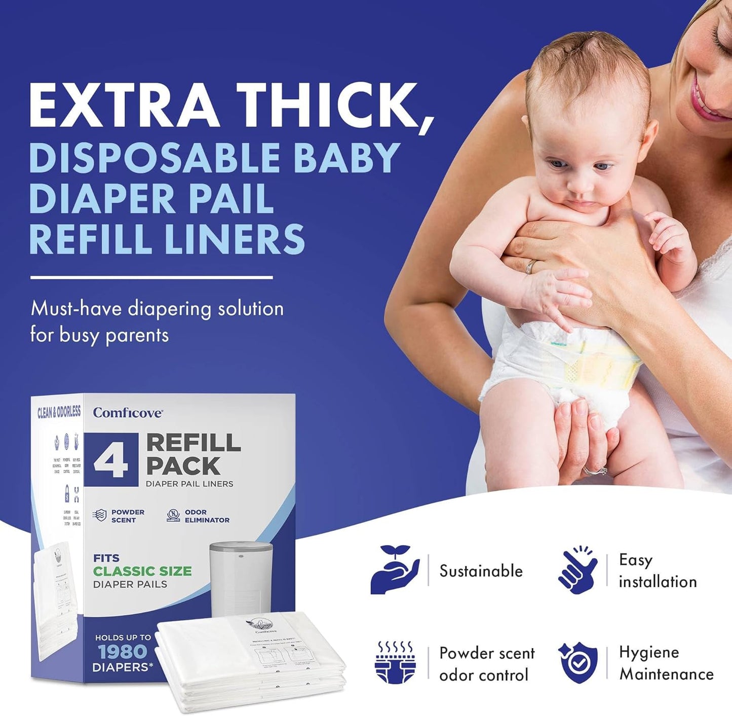 COMFICOVE Refills Compatible with DEKOR PLUS Diaper Pails | 4 Pack | Extra Thick Diaper Pail Refill Liners | Fresh Scent | Easy to Replace and Dispose of Diaper Bag | Odorless Baby Diapers Disposal