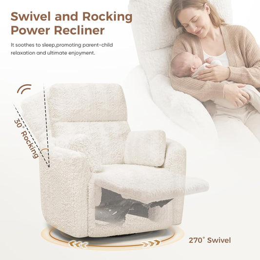 Power Swivel Rocker Recliner for Adults, Large Glider Rocking Chair w/ 2 Pillows, USB and Type-C Ports, Night Light, Fluffy Plush Nursery Chair for Living Room, Bedroom,Nursery, Beige