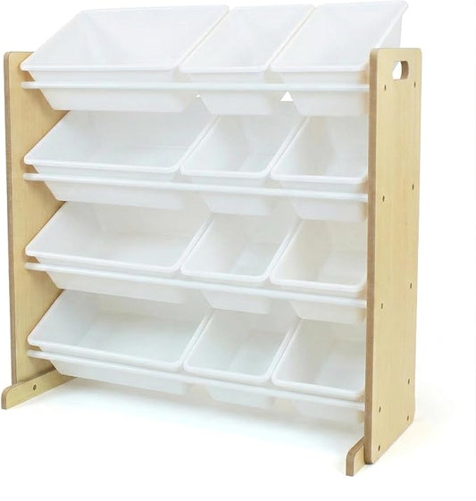Humble Crew Toy Storage Organizer with 12 Removable Storage Bins for Kids Playroom, 4-Tier Toddler Toy Organization and Storage, Natural/White