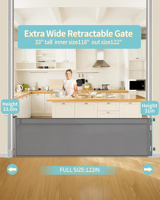 Retractable Baby Gate for Stairs – 33” Height, Expands up to 118” Width – Safety Gate for Infants, Toddlers, Dogs & Pets – Easy Install, Secure Closure, Gray Mesh Design for Indoor & Outdoor Use