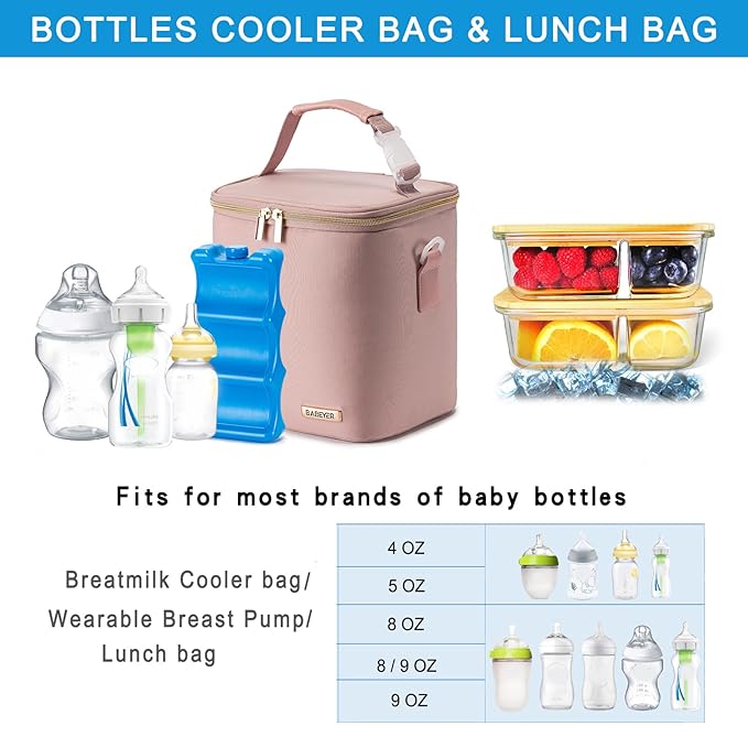 Breast Milk Cooler Bag with Ice Pack Fits 6 Baby Bottles Up to 9 Ounce, Baby Bottle Bag with Shoulder Strap for Nursing Mom Daycare, Pink