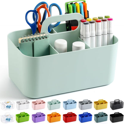 Multiuse Caddy Organizer with Handle, Portable Divided Plastic Tote Bin - Art Craft, Stationary Pen Marker Crayons, Makeup Hair Supplies Storage - Bathroom, Classroom, Dorm, Office, Desk Holder - Pink