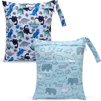 Wet Dry Bags 2-Pack with Cute Dolphin Print - Waterproof Travel Organizer for Swimming Pool Beach Gym Baby Cloth Diapers Swimwear with Dual Zippers