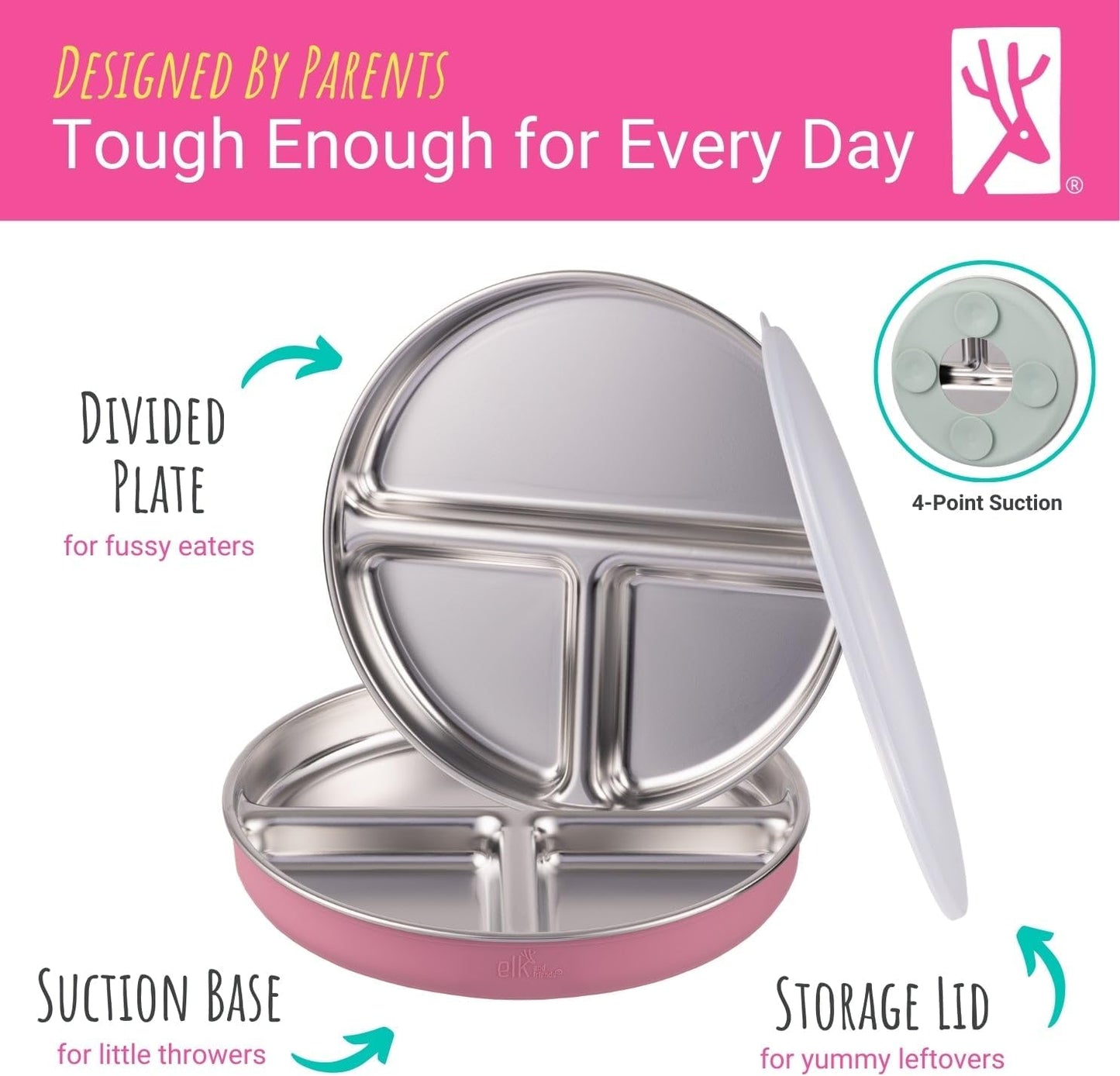 Elk and Friends Stainless Steel Divided Plates with Silicone Sleeve for Babies & Toddlers | Lids Included | Stay Put Suction | Dinner & Snack Plates | 4 Pack