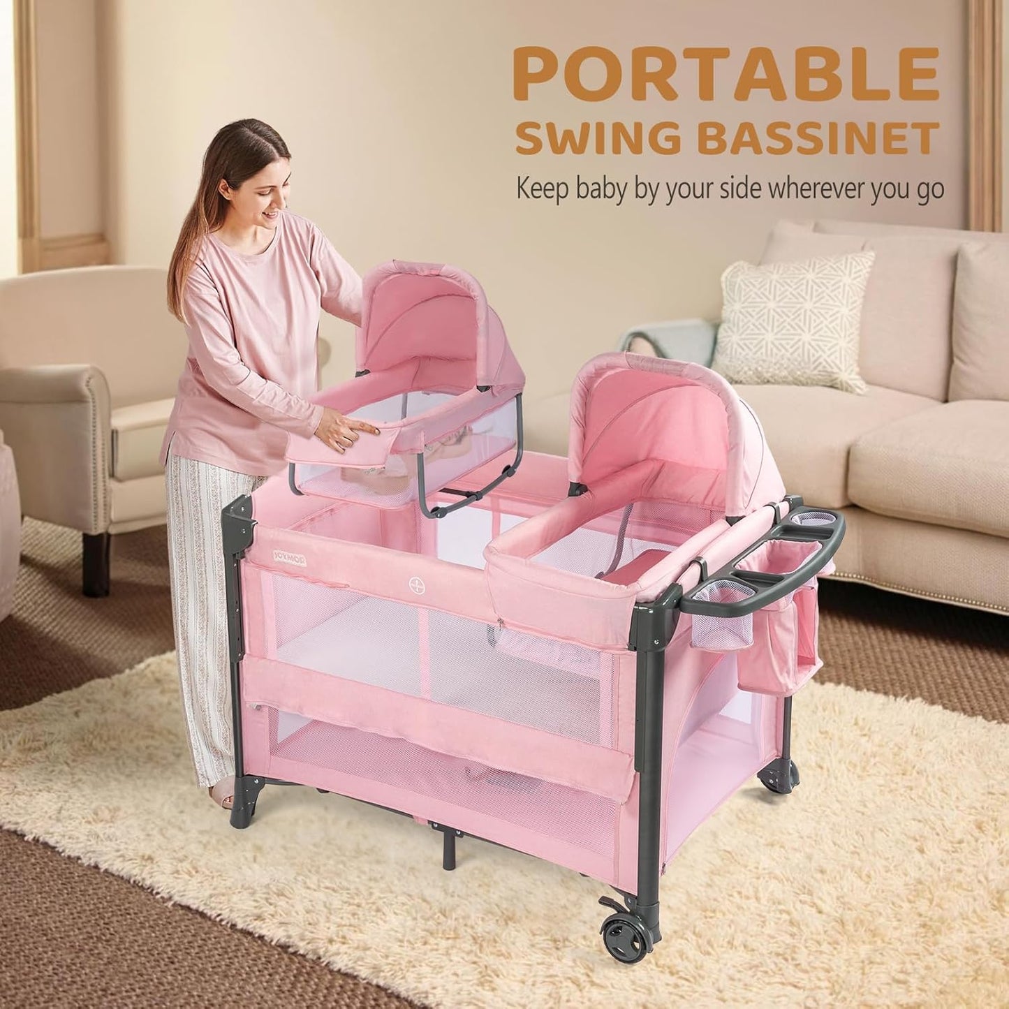 JOYMOR Twin Bassinet for Baby, Beige Bedside Bassinet, Convertible to Bedside Sleeper and Playpen, with Wheel, Brake, Foldable Side Sleeper,Beige