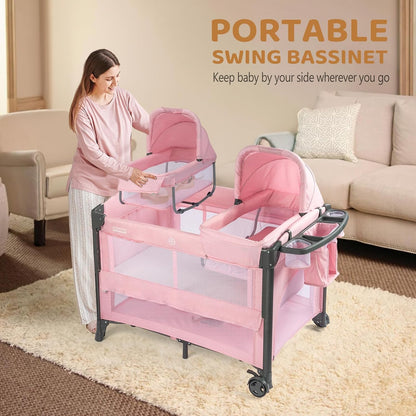 JOYMOR Twin Bassinet for Baby, Beige Bedside Bassinet, Convertible to Bedside Sleeper and Playpen, with Wheel, Brake, Foldable Side Sleeper,Beige