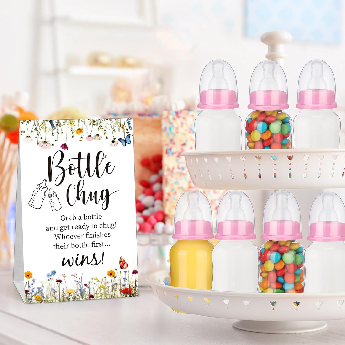 TrelaCo Bottle Chug Baby Shower Game 20 Pcs Baby Bottles Shower Favor with 1 Greenery Theme Sign for Gender Reveal Party Supplies Gifts(Green)