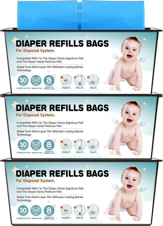 90 Bags Diaper Pail Refills Bags Compatible with Genie Easy Roll Signature and Platinum Diaper Pails | 7-Layer,Odor Barrier Technology| Holds Up to 4330 Newborn Diapers, 3 Pack