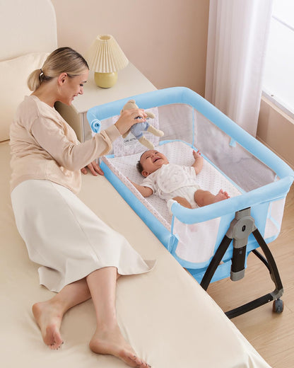 Bedside Bassinet for Baby, 3 in 1 Breathable Mesh Baby Bassinet, 6 Height Adjustable, Easy to Assemble, Bassinet Bedside Sleeper with Wheels, Mosquito Net, Storage Basket, Bassinets for Newborn Baby | Multi-functional