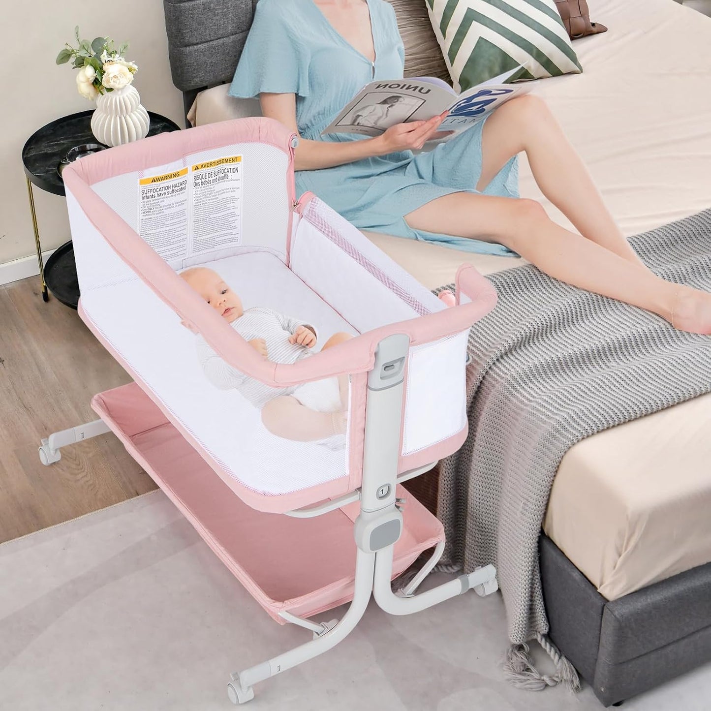 INFANS 3 in 1 Baby Bassinet, Bedside Sleeper with Comfy Mattress, Wheels, 6 Height Adjustable, Storage Basket, Travel Bag, Portable All Mesh Crib for Newborn Infant (Dark Grey)