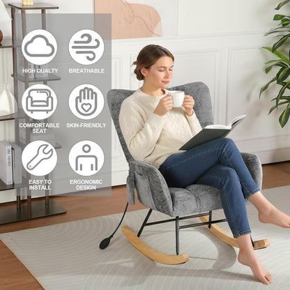 Rocking Chair Nursery with Airbag, Comfy Modern Nursery Rocking Reading Chair indoor with Footrest, Cozy Upholstered Glider Rocker Chairs for Living Room Bedroom Offices(Chenille, Dark Grey)