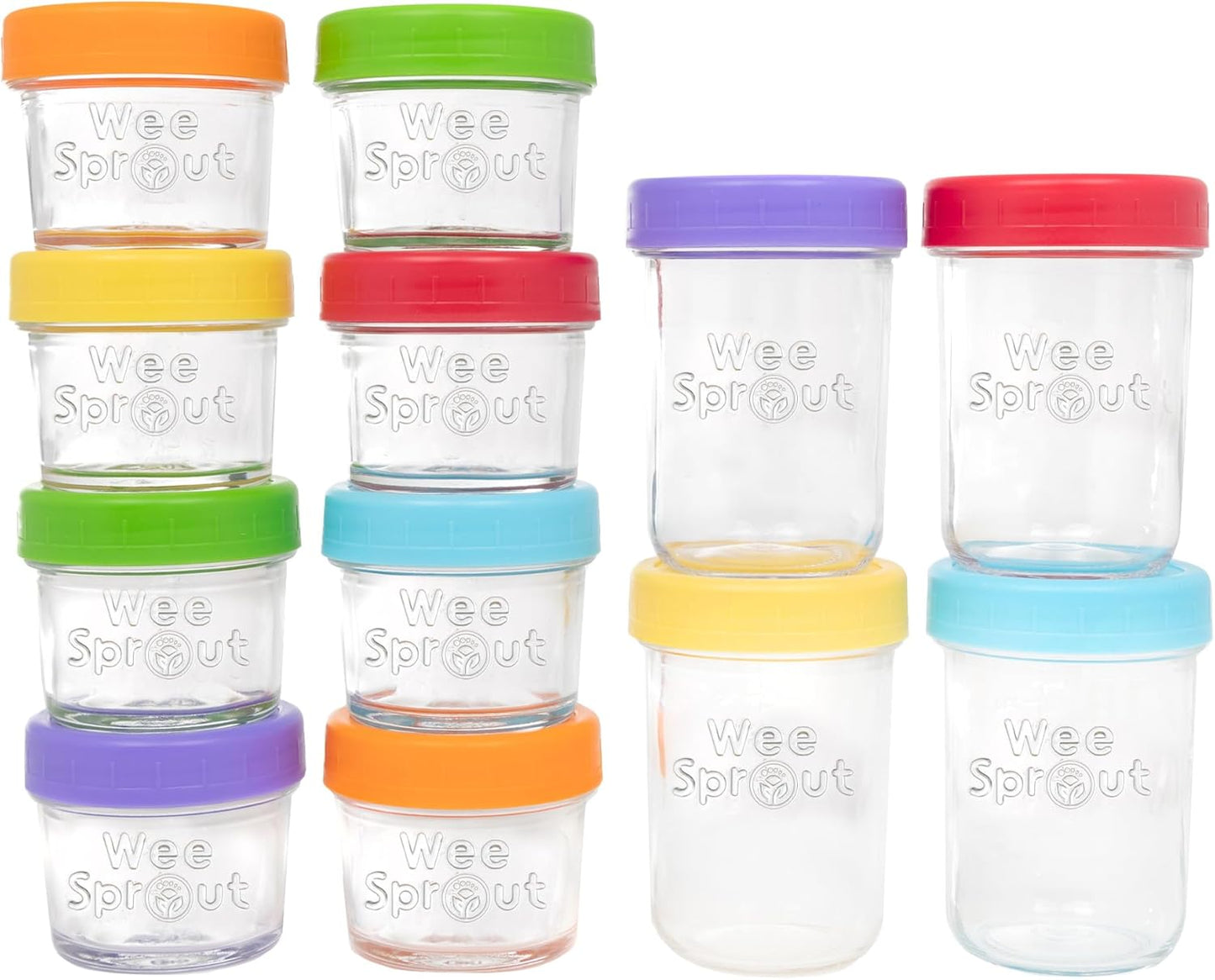 WeeSprout Glass Baby Food Storage Jars w/Lids (4 oz, 12 Pack Set) Snack, Puree, Reusable Small Containers, Breast Milk, Fridge or Freezer, Microwave & Dishwasher Safe, Essential Must Have for Infants
