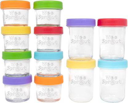 WeeSprout Glass Baby Food Storage Jars w/Lids (4 oz, 12 Pack Set) Snack, Puree, Reusable Small Containers, Breast Milk, Fridge or Freezer, Microwave & Dishwasher Safe, Essential Must Have for Infants