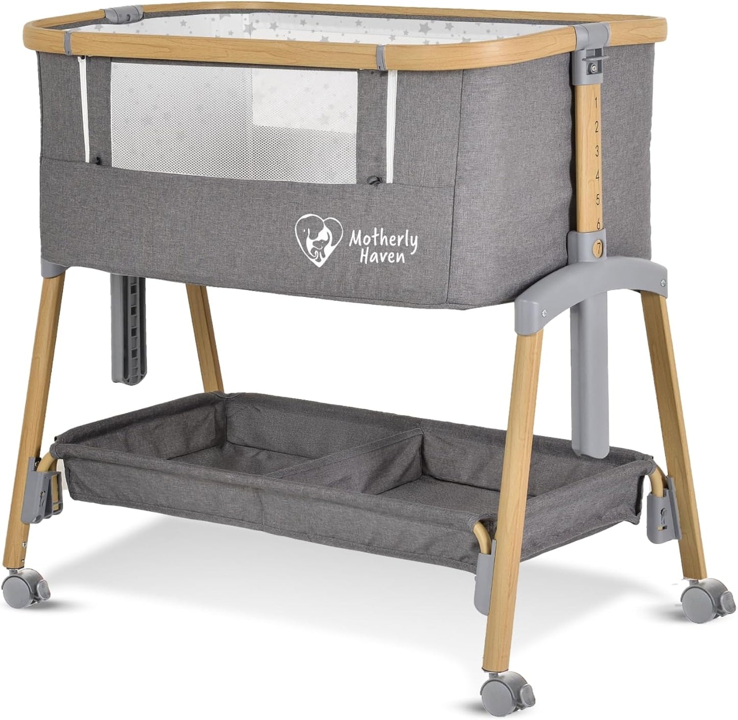 Motherly Haven Baby Bassinet Bedside Sleeper, Portable Crib for Newborns, Adjustable 7-Height Auto-Lock, with Wheels, Soft Mattress & Breathable Mesh (Light Grey)