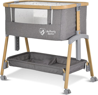 Motherly Haven Baby Bassinet Bedside Sleeper, Portable Crib for Newborns, Adjustable 7-Height Auto-Lock, with Wheels, Soft Mattress & Breathable Mesh (Light Grey)