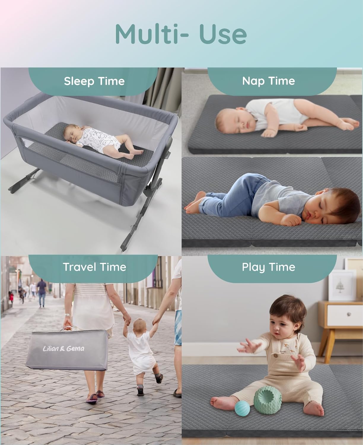 Lilian&Gema Pack and Play Mattress 38"x26"x1.5", Pack N Play Mattresses Pad for Play Pen and Playard, Premium Foam Playpen Mattress Topper with Washable Cover & Traveling Bag for Baby Toddler