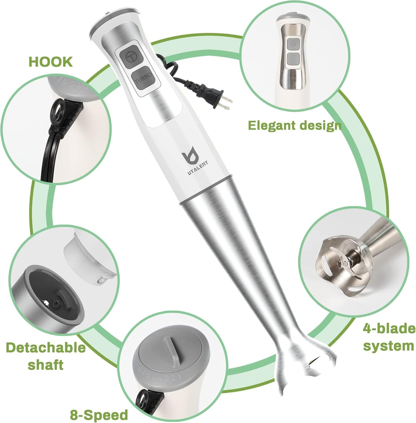 Immersion Hand Blender, UTALENT 5-in-1 8-Speed Immersion Blender with 500ml Food Grinder, 600ml Container,Milk Frother,Egg Whisk,Puree Infant Food, Smoothies, Sauces and Soups - White