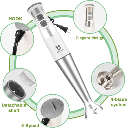 Immersion Hand Blender, UTALENT 5-in-1 8-Speed Immersion Blender with 500ml Food Grinder, 600ml Container,Milk Frother,Egg Whisk,Puree Infant Food, Smoothies, Sauces and Soups - White