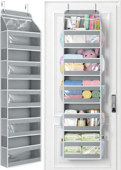 Yecaye 5 Tier 1Pc Over the Door Organizer, Stuffed Animal Storage with Clear PVC Windows, Door Organizer Hanging for Bedroom Nursery Closet Dorm Room Laundry Pantry Bathroom, Grey
