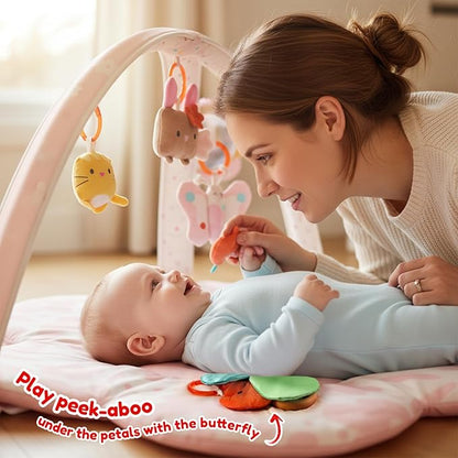 Baby Play Gym & Activity Mat with Light-up Musical Arch, Washable Tummy Time Mat with 6 Detachable Sensory Toys for Motor Skills, Baby Essentials Shower Gift - Updated Spring Blossoms Themed