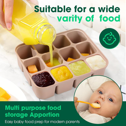 Mimorou 3 Pack Baby Food Freezer Tray with Lids 2.8 oz x 12 Cups Silicone Baby Food Storage Container Ice Cube Freezer Molds for Homemade Vegetable Fruit Purees Snack(12 Cups,White, Yellow, Brown)