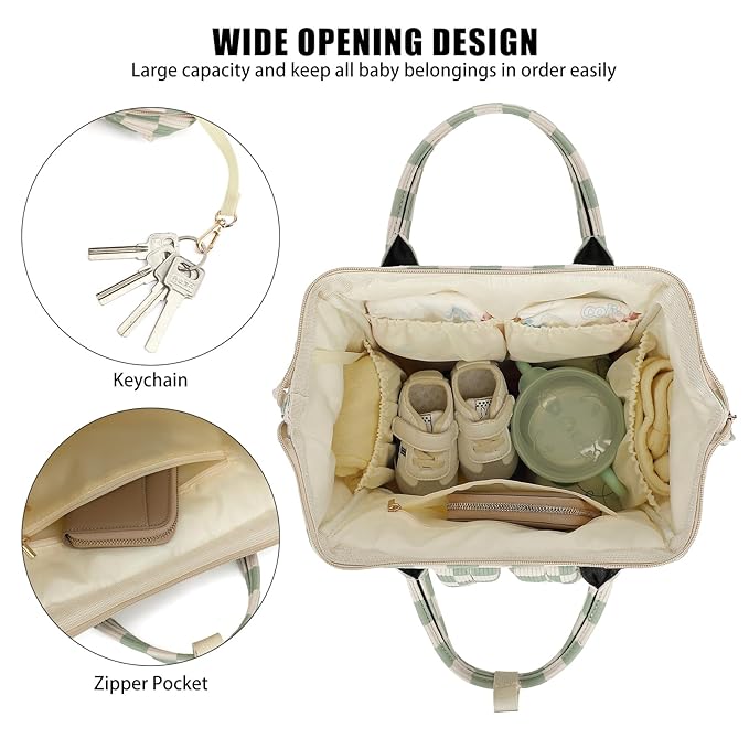 Baby Diaper Bag Backpack for Mom, Large Capacity Travel Nappy Bag for Boys & Girls with Stroller Straps (Corduroy Checkered Green)