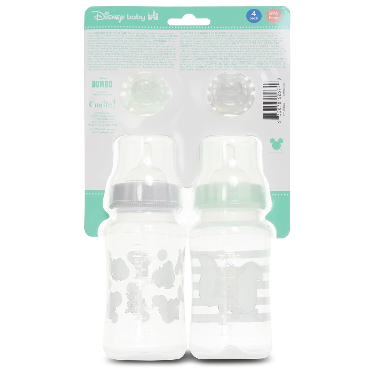 Disney Baby Bottles and Pacifiers Set – 2 Hourglass-Shaped 11oz Bottles + 2 Orthodontic Pacifiers – Officially Licensed Mickey, Minnie, Pooh & Dumbo Designs – BPA-Free Feeding Gift Set