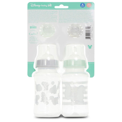 Disney Baby Bottles and Pacifiers Set – 2 Hourglass-Shaped 11oz Bottles + 2 Orthodontic Pacifiers – Officially Licensed Mickey, Minnie, Pooh & Dumbo Designs – BPA-Free Feeding Gift Set