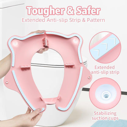 Foldable Travel Potty Seat for Toddler, Portable Toilet Training Seat for Kids on The Go, Fits Round & Oval Toilets with Non-Slip Base & Travel Bag for Car Airplane Essentials, Grey