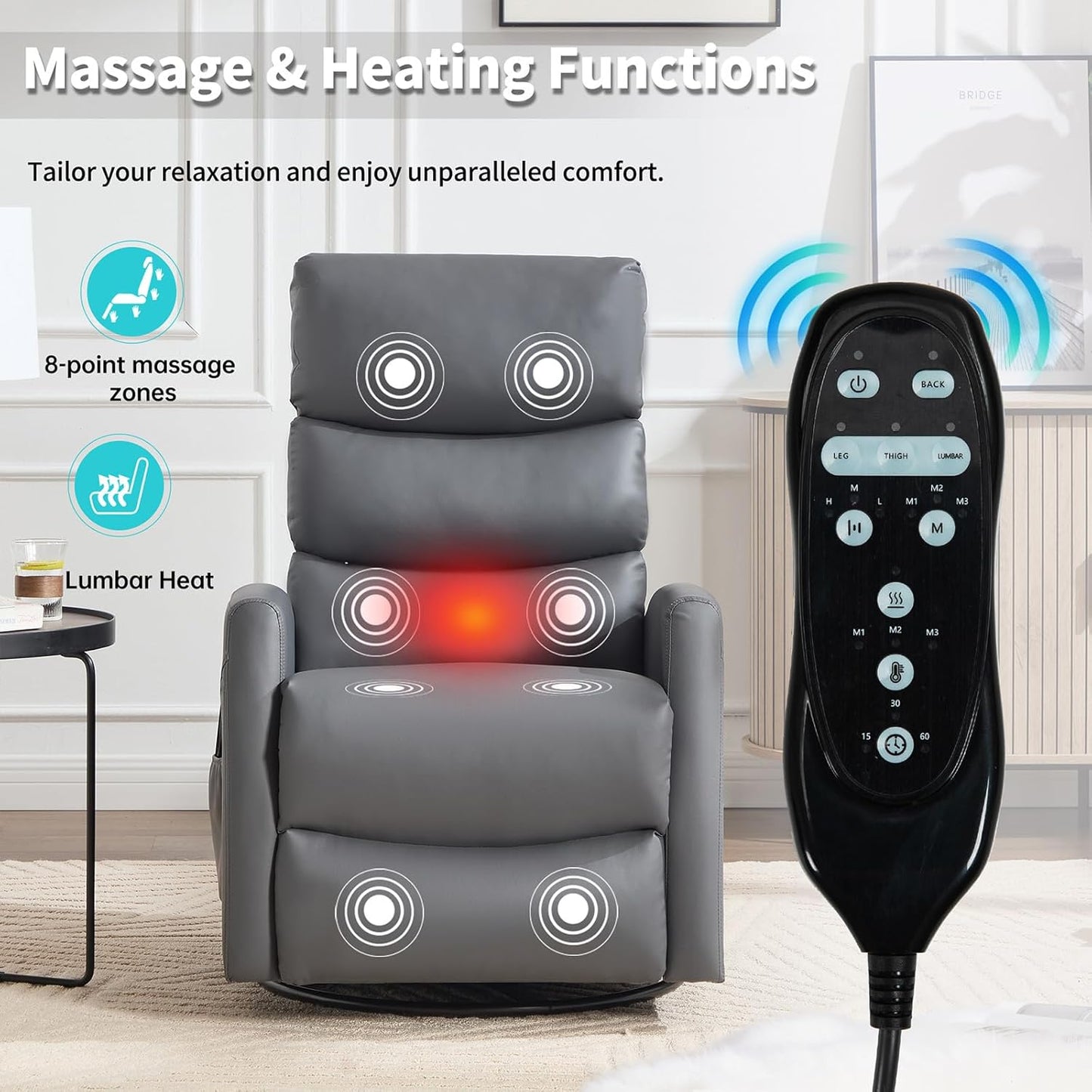 Massage Chair Recliner with Heat, Swivel Rocking Chair Recliner with High Back, Manual Nursery Recliners for Adults,Small Recliner Chair for Small Spaces, Living Room Bedroom, Fabric (Blue Green)