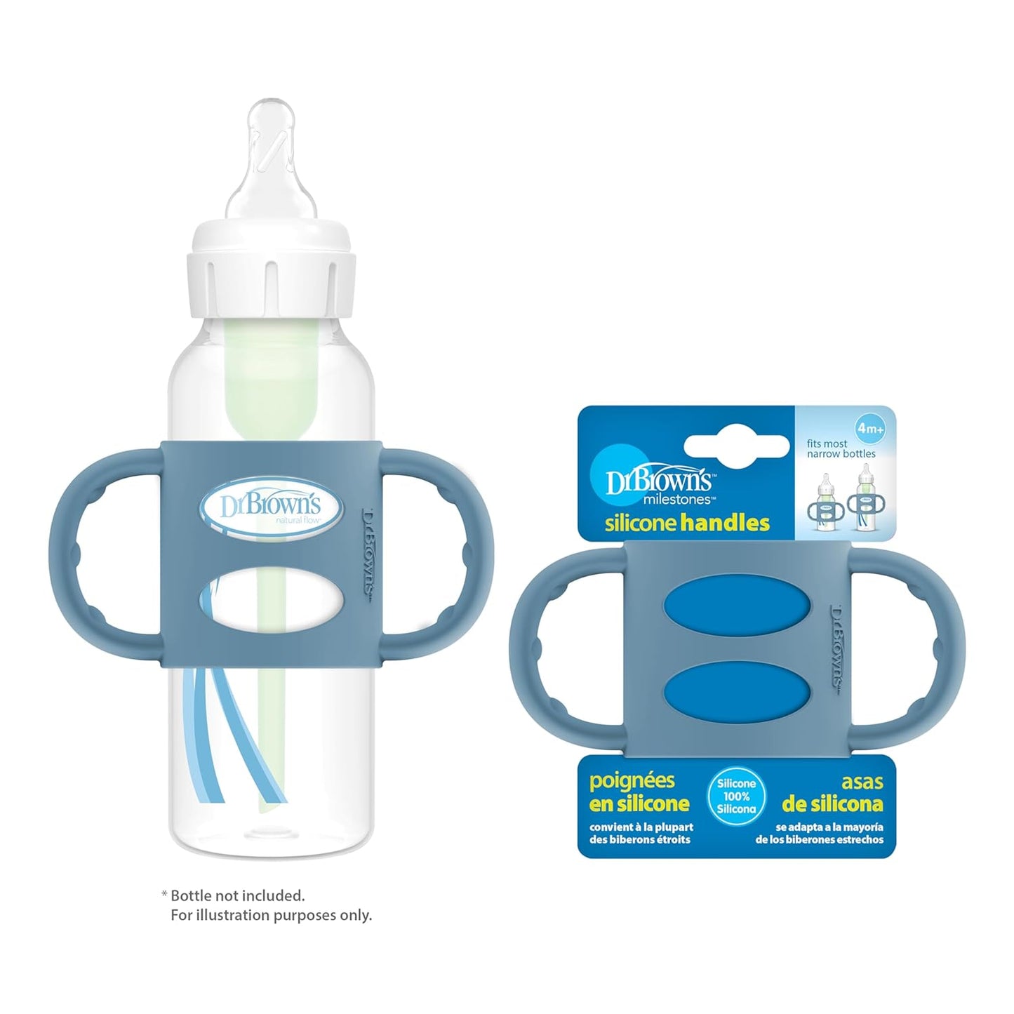 Dr. Brown's Narrow Baby Bottle Handles, 100% Silicone, Easy Grip Removable Handles for Bottle to Sippy Cup Transition, Blue, 4m+