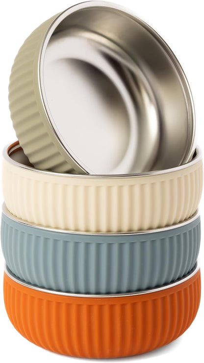 Monkey Proof™ Non-Toxic Stainless Steel Child Bowl 5” with Non-Slip Grooved Silicone Shell, (Set of 4 bowls) Unbreakable, Mess Free Feeding for Babies, Toddlers, Kids, BPA free (Stormy Sky Grooved)