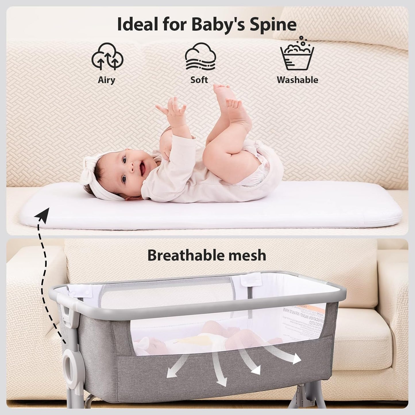 Larex Baby Bassinet Bedside Sleeper Crib Co Sleeper for Newborn Infant Toddler with Mosquito Net, Storage Bag & Basket, 5-Height Adjustable, Movable Wheels, Breathable Mattress & Mesh (Dark Gray)