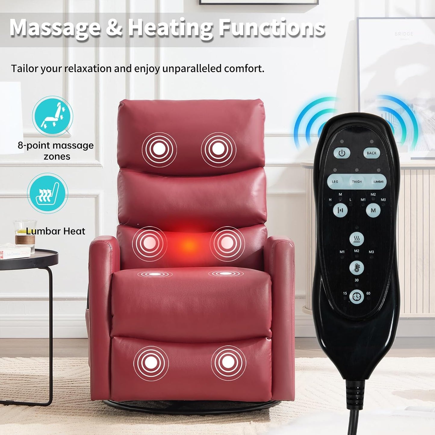 Massage Chair Recliner with Heat, Swivel Rocking Chair Recliner with High Back, Manual Nursery Recliners for Adults,Small Recliner Chair for Small Spaces, Living Room Bedroom, Fabric (Blue Green)