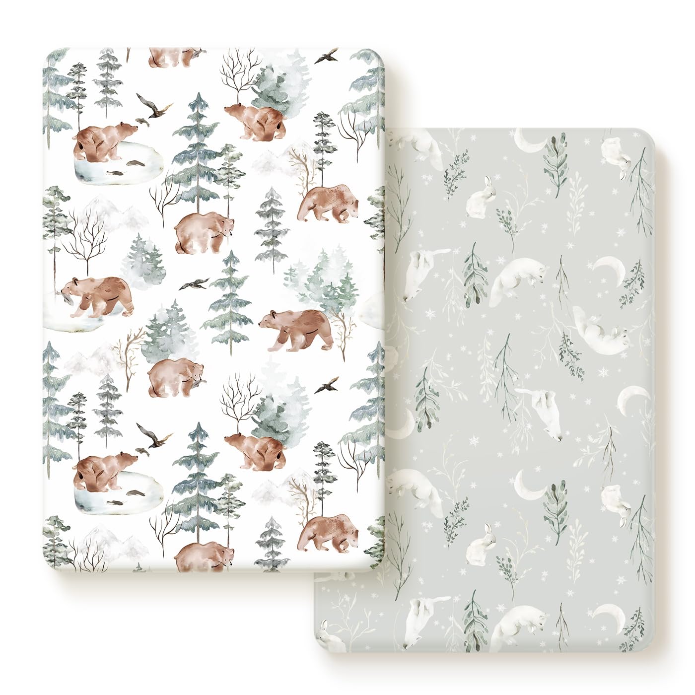 GRSSDER Stretch Ultra Soft Jersey Knit Fitted Pack n Play Playard Sheets Set 2 Pack，Fits Portable/Mini Cribs Sheets, Playards Mattress Pads, Stylish Watercolor Animals for Baby, Mint Green