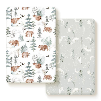 GRSSDER Stretch Ultra Soft Jersey Knit Fitted Pack n Play Playard Sheets Set 2 Pack，Fits Portable/Mini Cribs Sheets, Playards Mattress Pads, Stylish Watercolor Animals for Baby, Mint Green