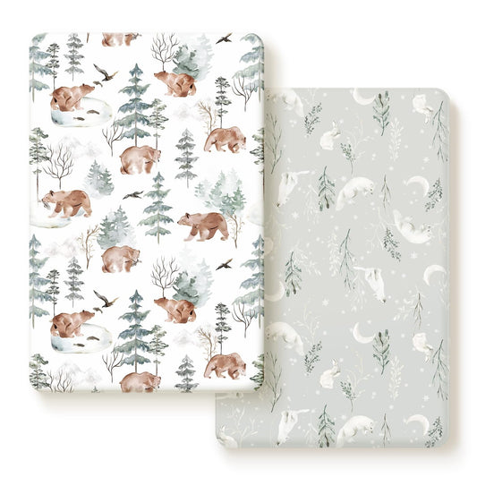 GRSSDER Stretch Ultra Soft Jersey Knit Fitted Pack n Play Playard Sheets Set 2 Pack，Fits Portable/Mini Cribs Sheets, Playards Mattress Pads, Stylish Watercolor Animals for Baby, Mint Green