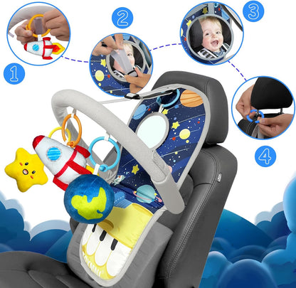 Car Seat Toys for 6-12 Months - Musical Pedal Piano with Baby Mirror, Squeaky Sensory Soft Animal Toys for Rear Facing Carseats