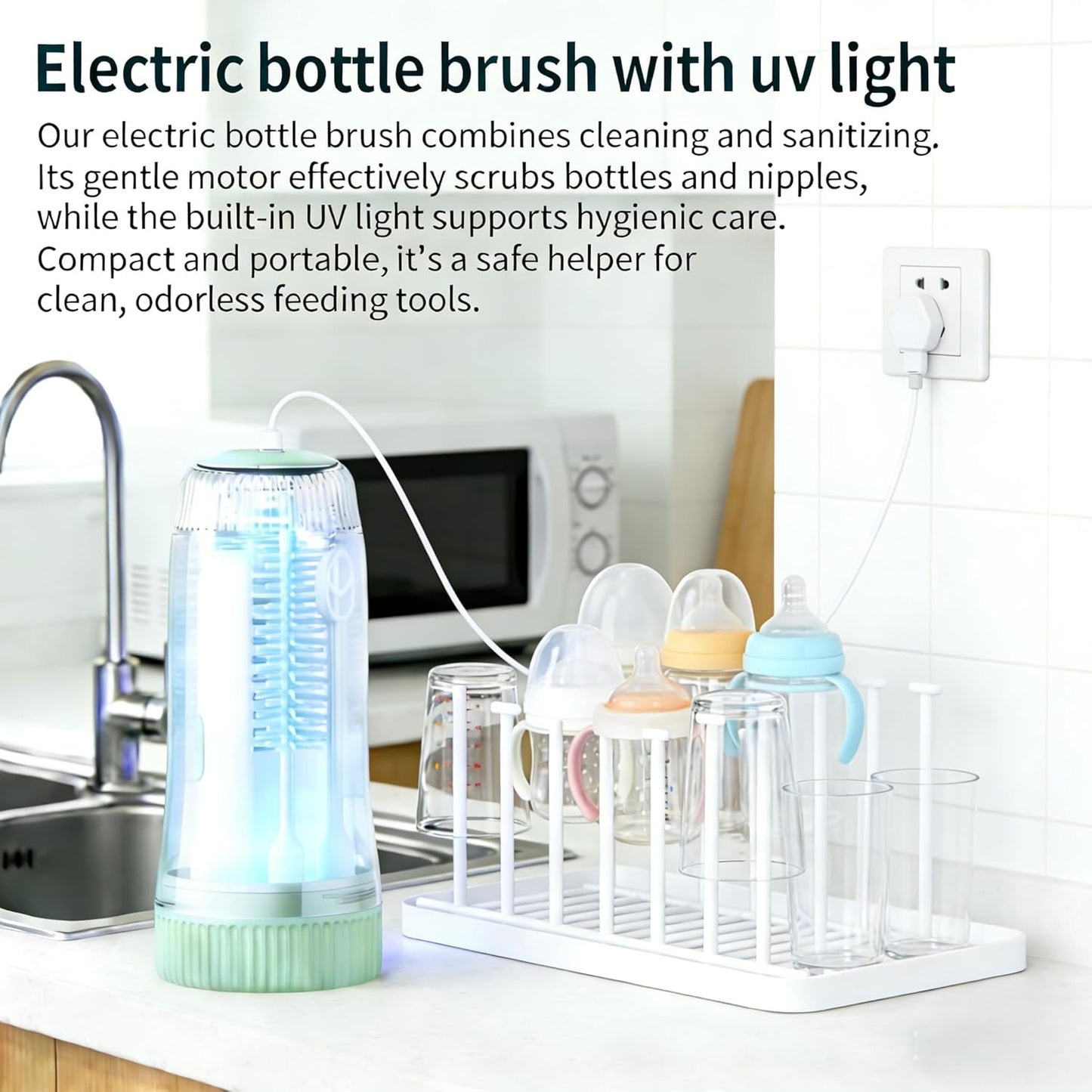 Portable Electric Silicone Bottle Brush Set, 7-in-1 UV LIGHT USB Charging, Nipple/Straw Cleaner, Milk Mixer, Built-in Drying Rack & Storage Case, BPA-Free, IPX7, On-the-Go for New Parents (Blush)