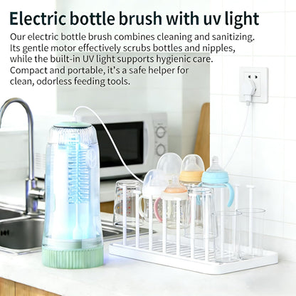 Portable Electric Silicone Bottle Brush Set, 7-in-1 UV LIGHT USB Charging, Nipple/Straw Cleaner, Milk Mixer, Built-in Drying Rack & Storage Case, BPA-Free, IPX7, On-the-Go for New Parents (Blush)