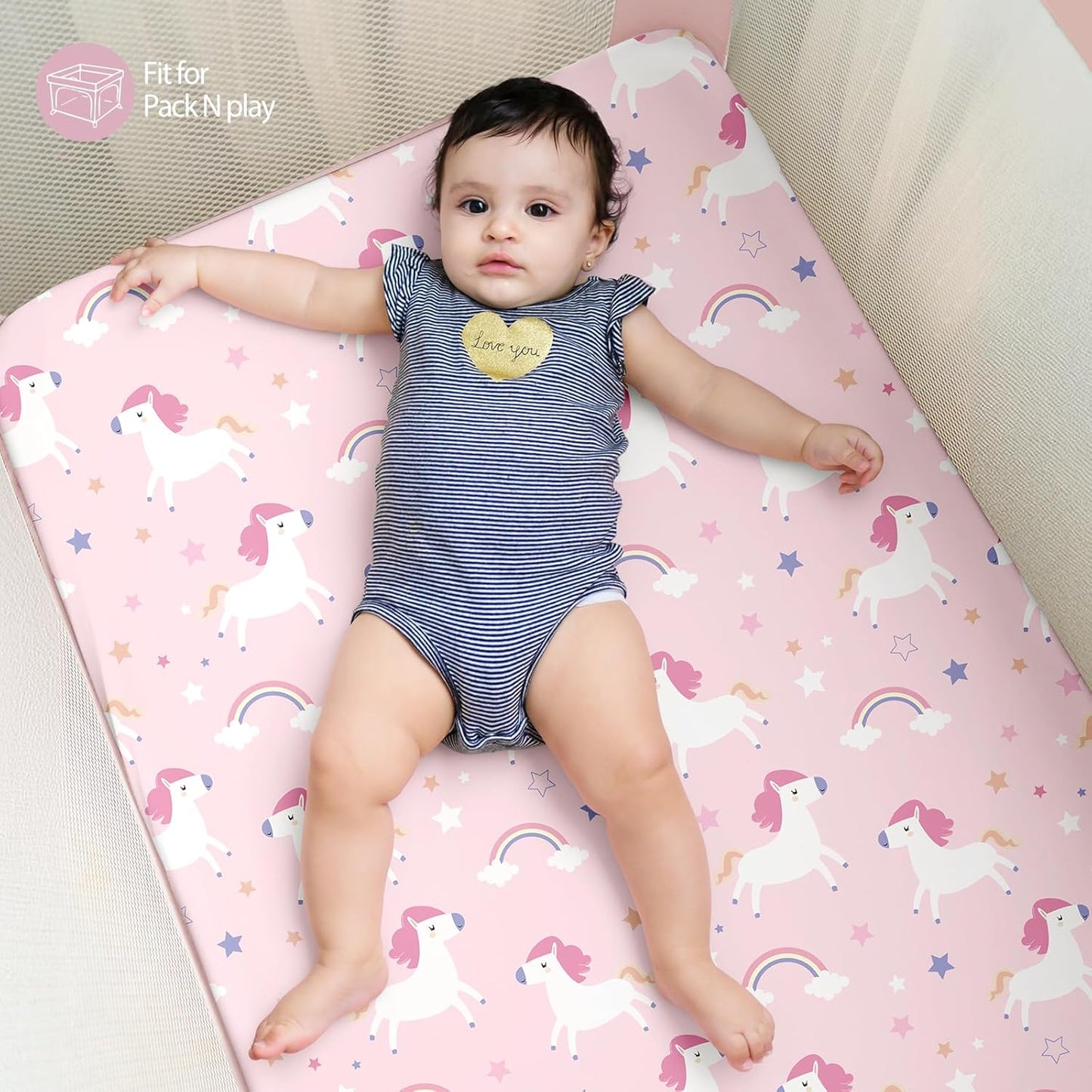 Baby Mini Crib Sheets Girl, Portable 38”x26” Pack and Play Sheets Fitted for Playard and Pack N Play Mattress, 3-Pack Soft Microfiber Pink Rainbow