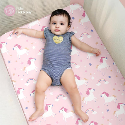 Baby Mini Crib Sheets Girl, Portable 38”x26” Pack and Play Sheets Fitted for Playard and Pack N Play Mattress, 3-Pack Soft Microfiber Pink Rainbow