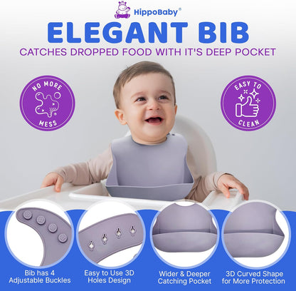 HippoBaby Baby Led Weaning Supplies | 10 Piece Silicone Baby Feeding Set | Baby Toddler Bib Cup Divided Plate and Bowl Self Feeding Spoons Dish Set | Baby Utensils | Toddler Feeding Supplies (Sky)