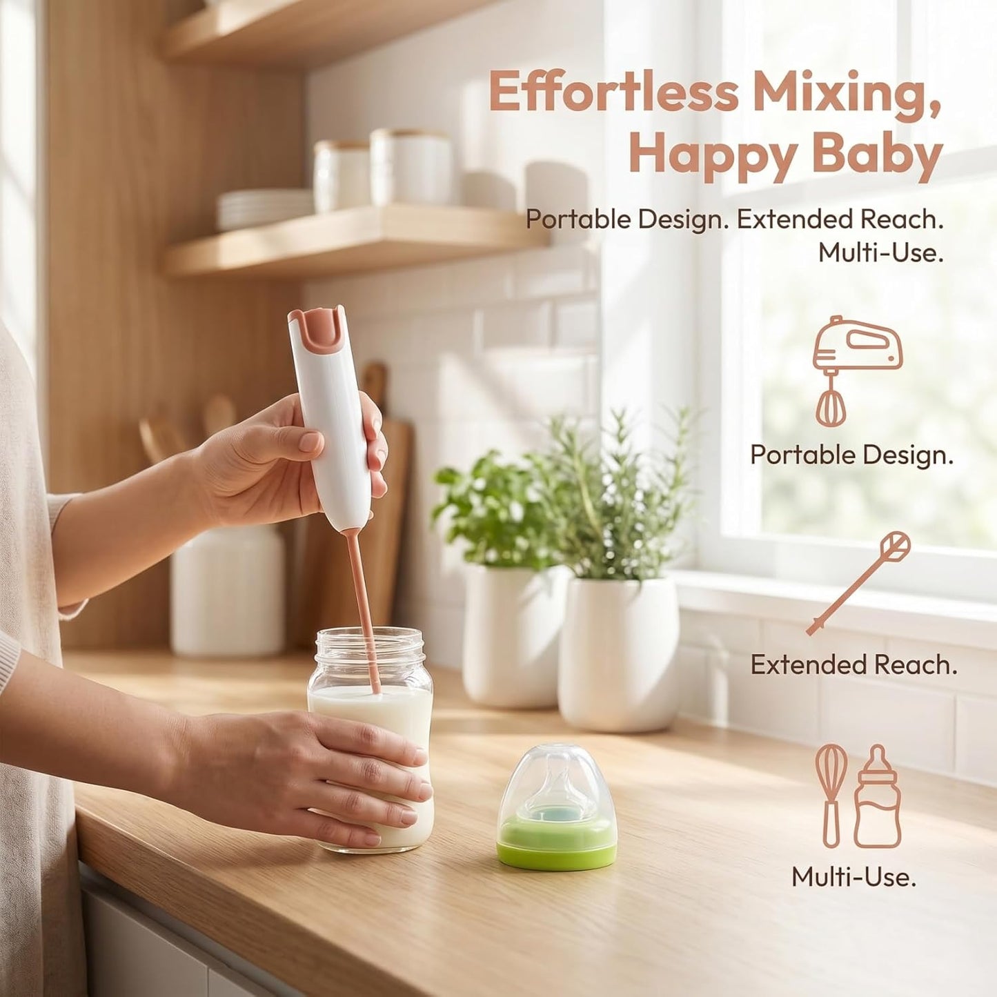 Wakauto Handheld Electric Mixer for Milk Powder and Drinks,Small Portable Stirrer for Bottles and Cups Easy Clean Compact Mixer with 2 Wands Battery Not Included